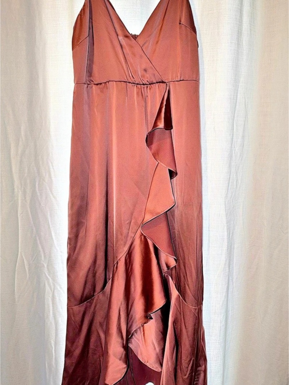 Lulus Satin Ruffle Maxi Dress in Brown Large Like New
